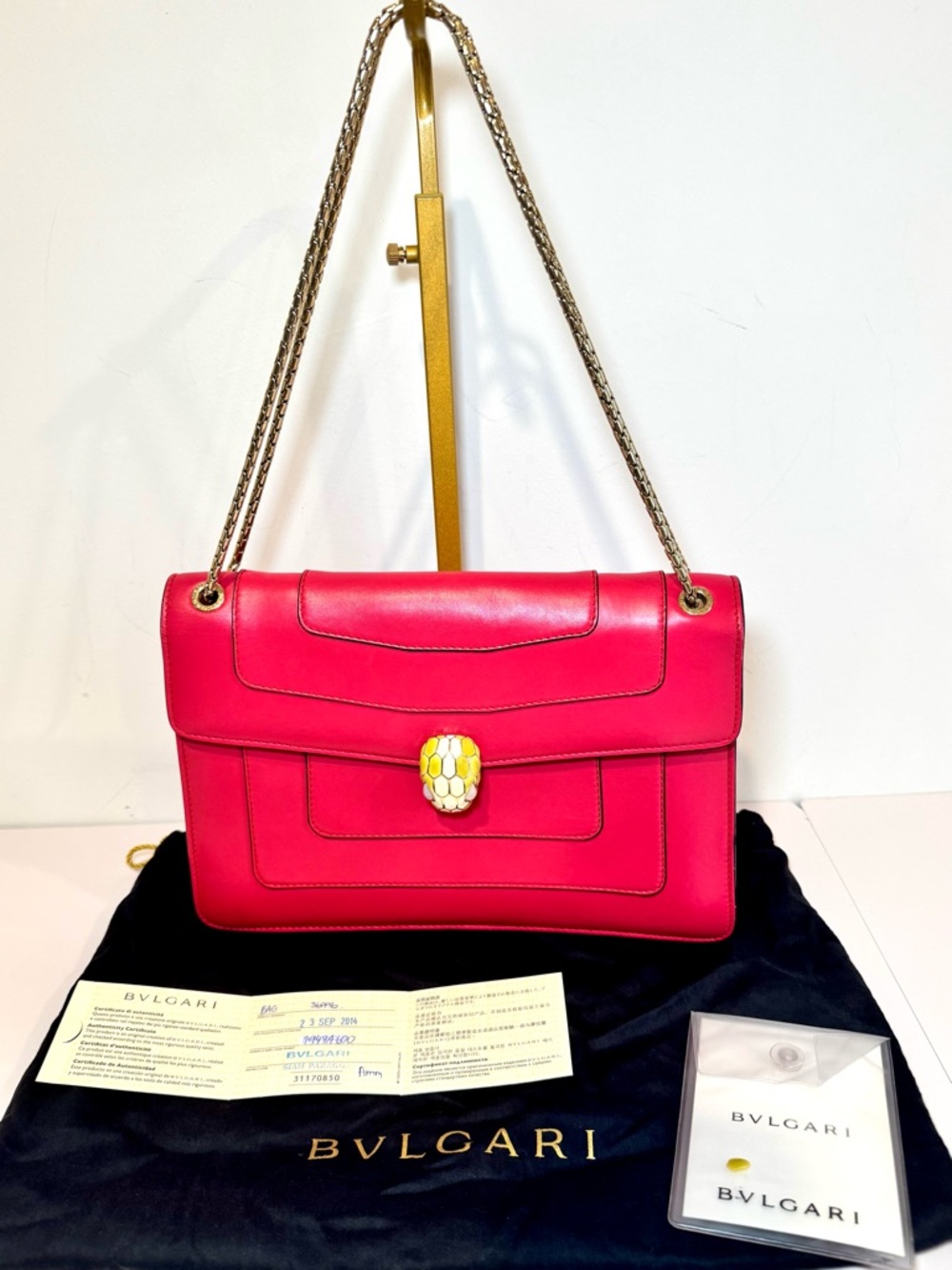 Bvlgari Serpenti Forever Pink Leather Medium Shoulder Bag W Gold Chain